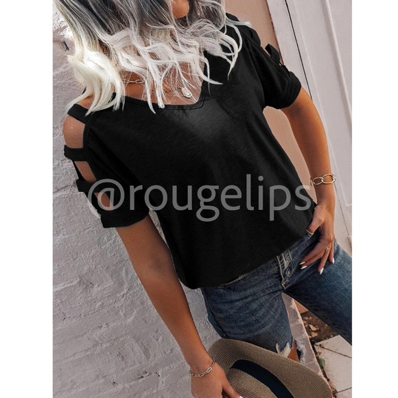 Black Casual Tee Shirt Cold Shoulder, Straps Short Sleeve Regular Fit - Picture 6 of 8